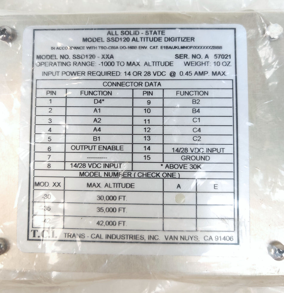 Trans-Cal Altitude Digitizer 14 or 28V SSD120-30N