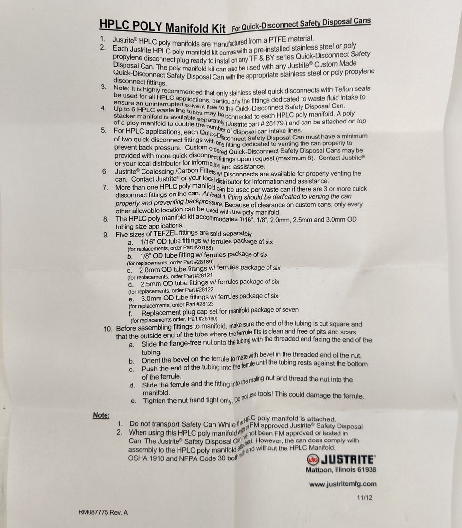 Justrite 28179 HPLC Poly Manifold w/ SS Stacker Connector and Plug Cap 2pcs NEW