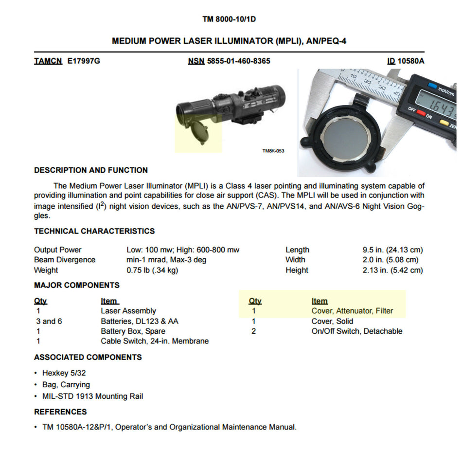 Attenuation Filter Cover LIS-274 for MPLI Illuminator AN/PEQ-4, AN/PVS-7 Googles