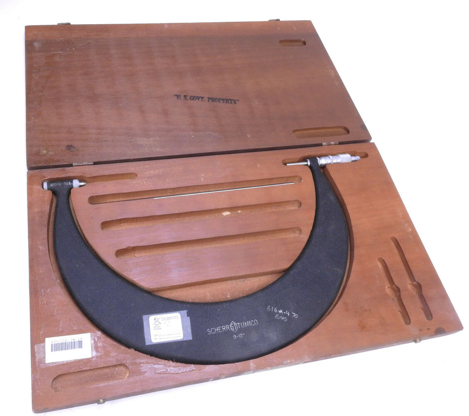 Scherr Tumico Outside Micrometer 9-10", Range 0.0001" w/ Wood Case and Rod. USA