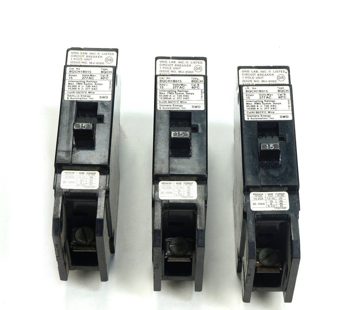 Lot of 3 Siemens BQCH1B015 Bolt-On Circuit Breaker 1 Pole 15 Amp 277VAC