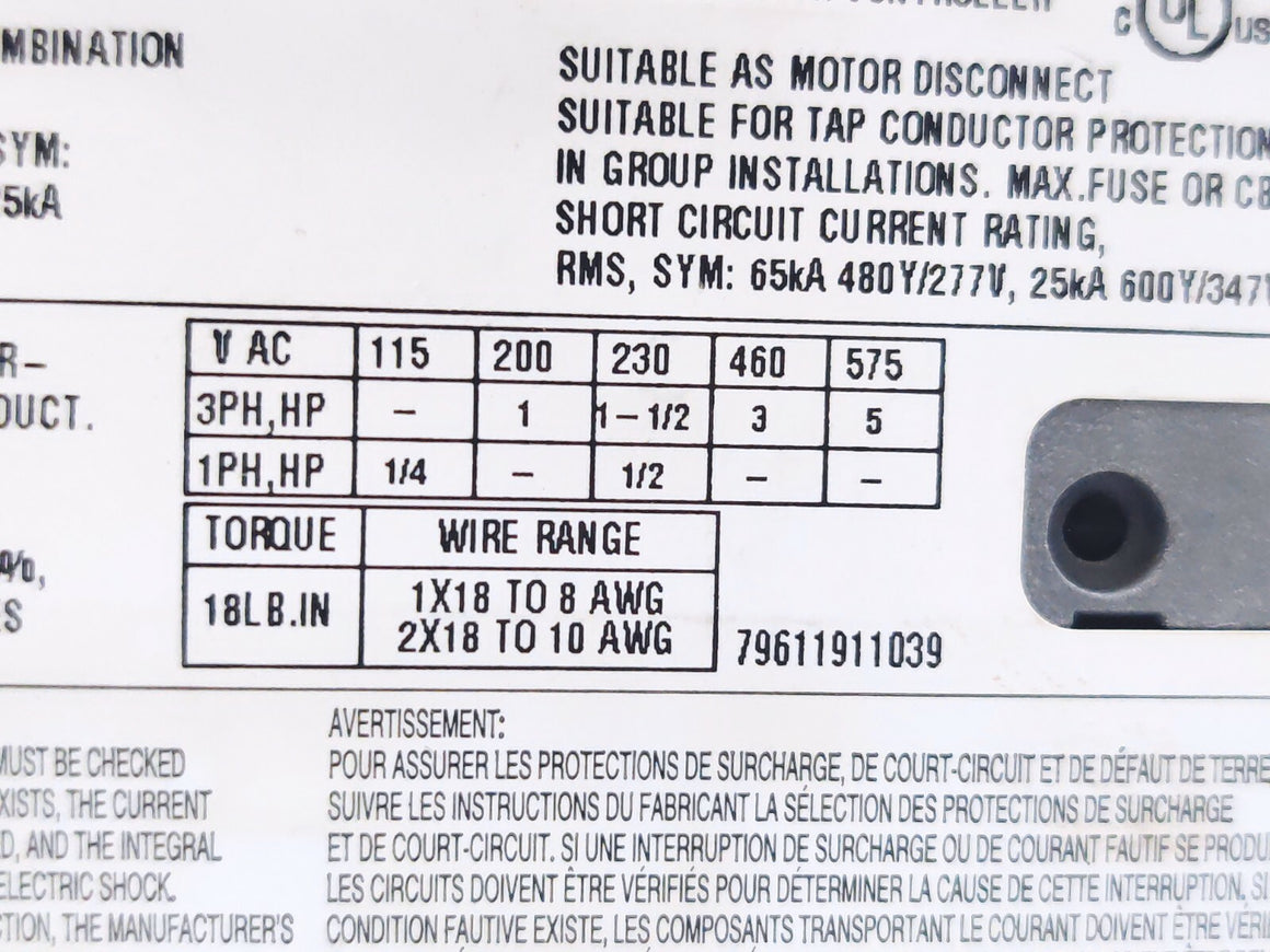 Cerus CMS-32H Manual Combination Motor Starter/Controller 3HP, 460 V, Class 10