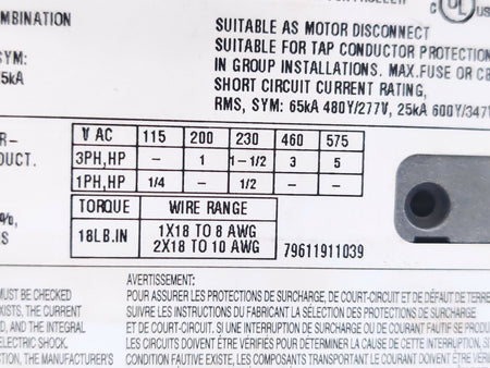 Cerus CMS-32H Manual Combination Motor Starter/Controller 3HP, 460 V, Class 10