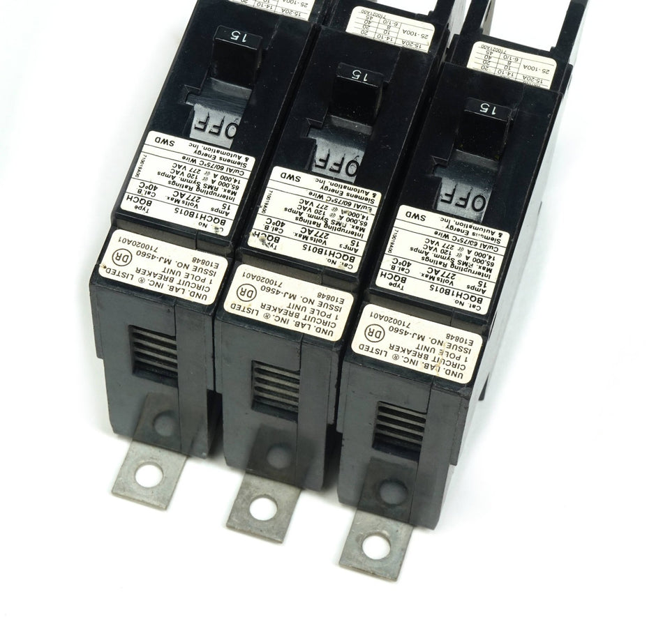 Siemens Lot of 3 Siemens BQCH1B015 Bolt-On Circuit Breaker 1 Pole 15 Amp 277VAC