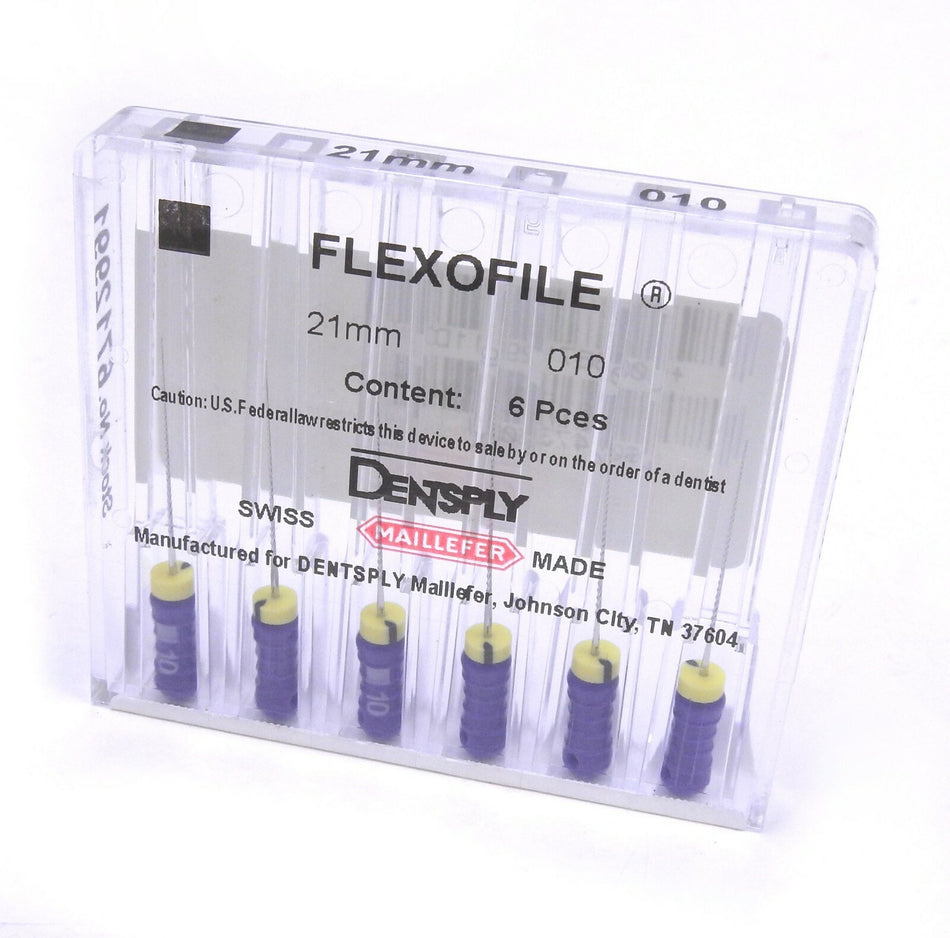 Dentsply Flexofile 21 mm 010, Flexible Stainless Steel Endodontic File 6 Pcs Box