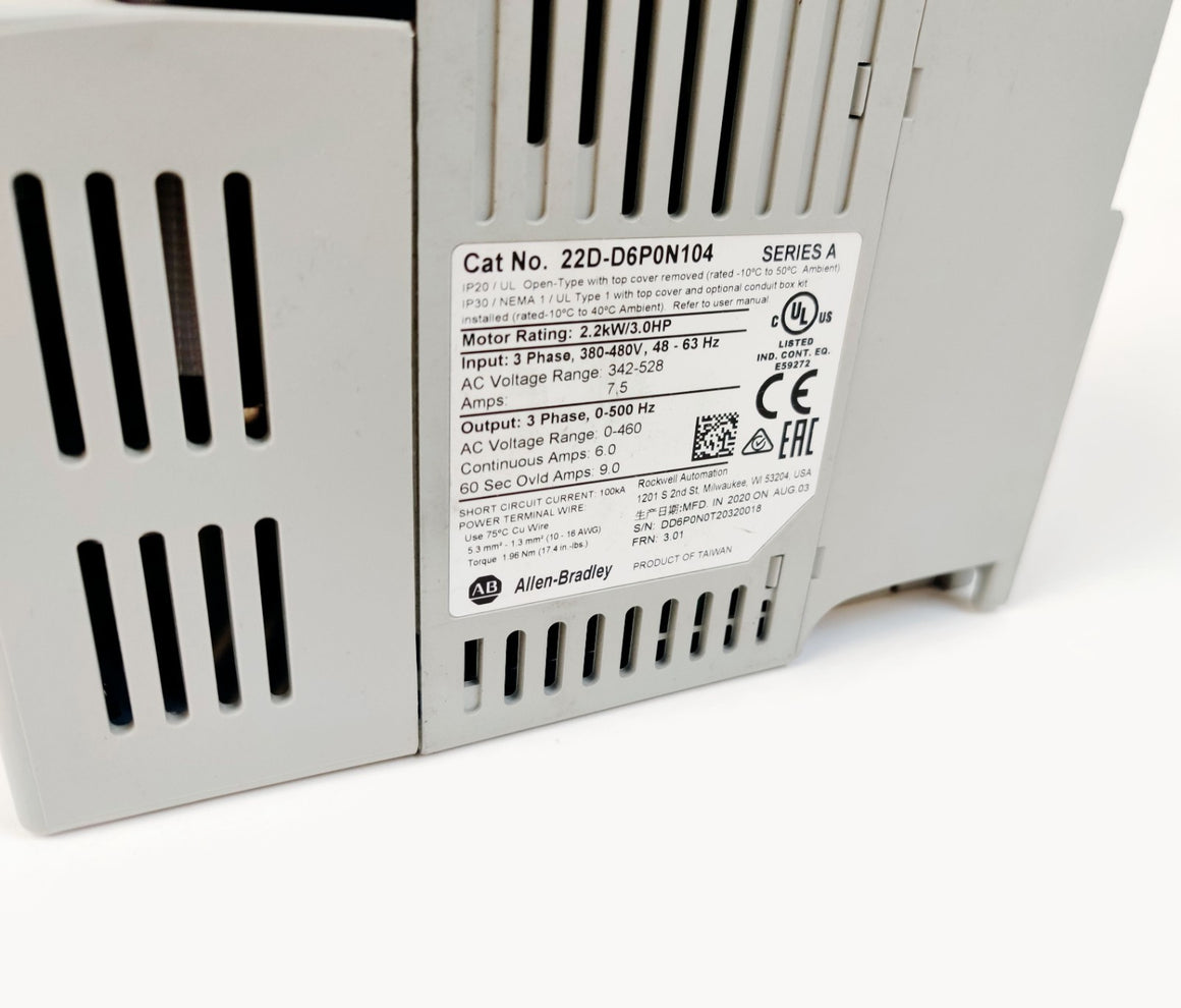 Allen Bradley 3 HP AC Drive PowerFlex 40P 22D-D6P0N104 ser A 380-480VAC MFD 2020