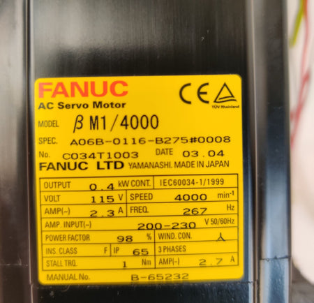 Fanuc BM1/4000 Servo Motor A06B-0116-B275#0008 1Nm Robot LR Mate 200iB Tested