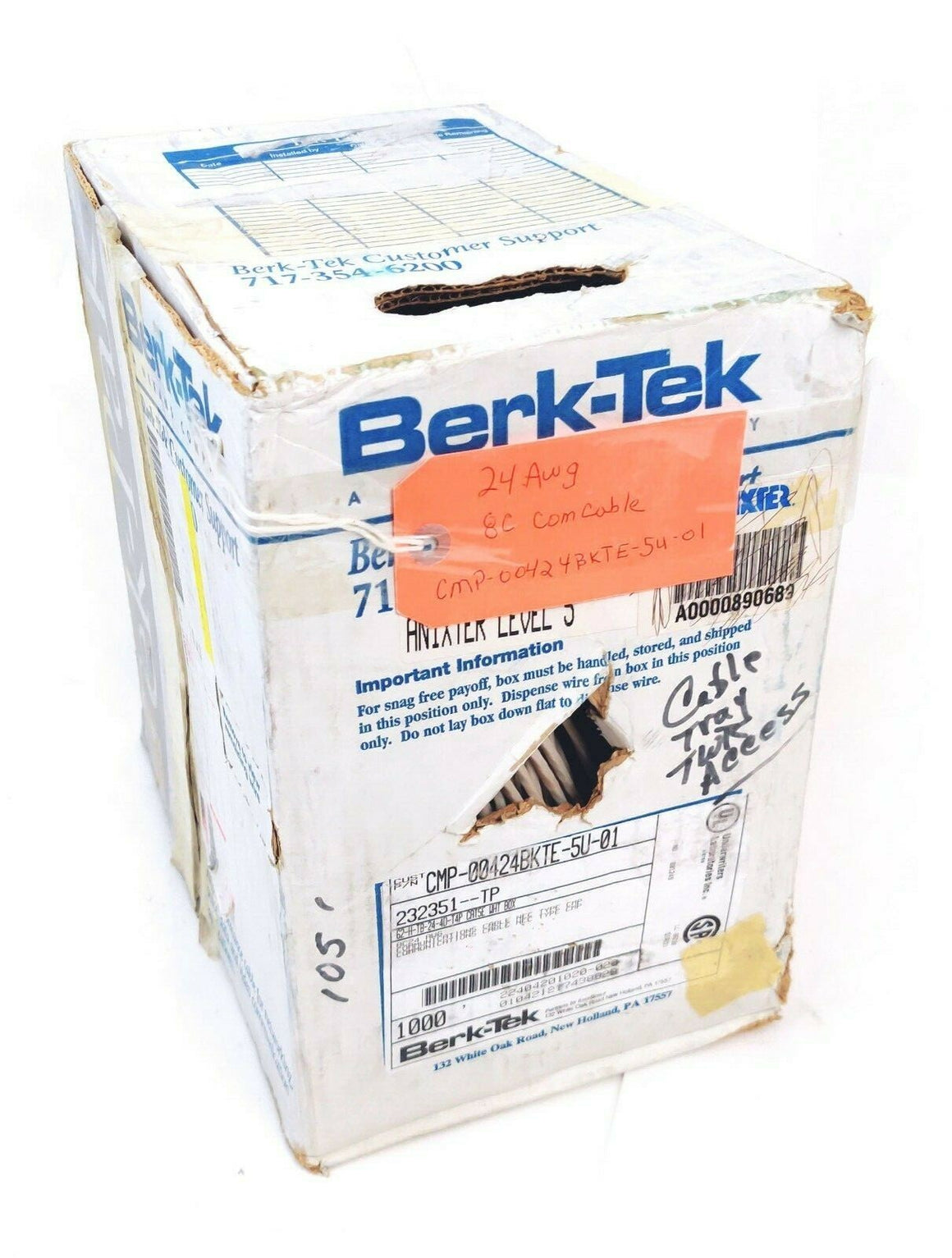 Berk-Tek CMP-00424BKTE-5U-01 Cat5e UTP Data 24 AWG Cable, PVC jacket 105FT