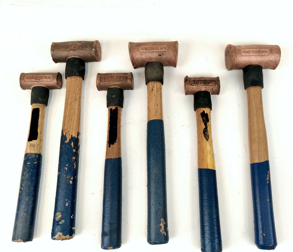 American Yellow Copper hammers 3 lb, 4 lb, and 1.5 lb w/ Wooden Handles