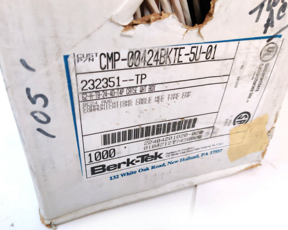 Berk-tek Berk-Tek CMP-00424BKTE-5U-01 Cat5e UTP Data 24 AWG Cable, PVC jacket 105FT