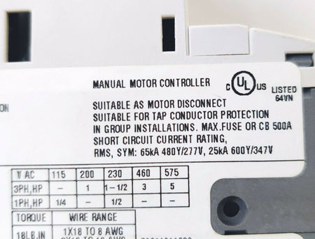 Cerus CMS-32H Manual Combination Motor Starter/Controller 3HP, 460 V, Class 10