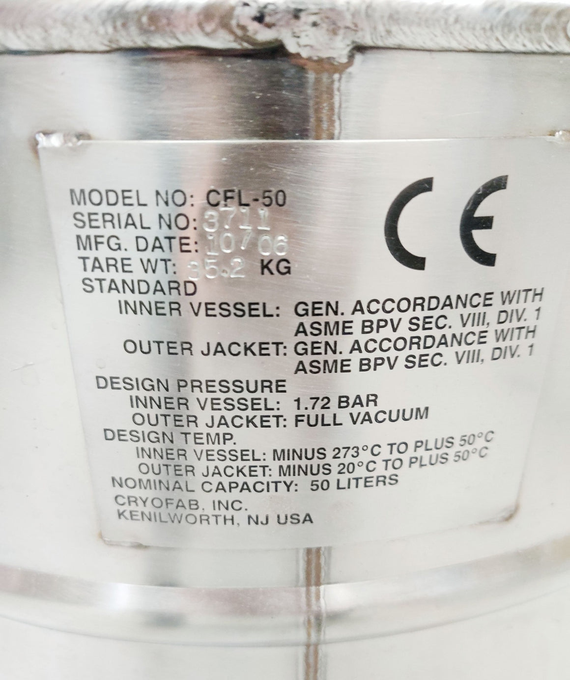 Cryofab CFL-50 Liquid Nitrogen Tank LN2 Pressure Vessel Container 50L 1.72 Bar