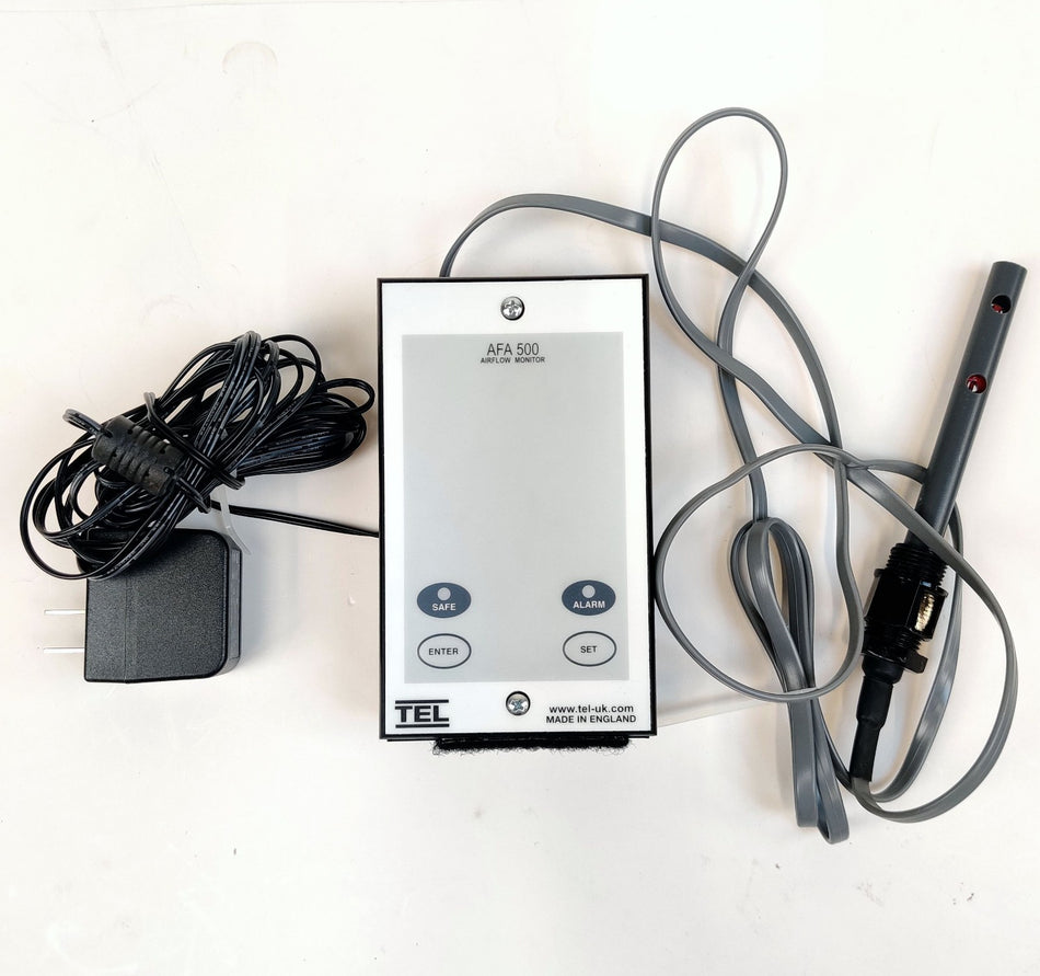 TEL AFA 500 Airflow Monitor Fume Hood w/ Probe and Power Adapter Power Test