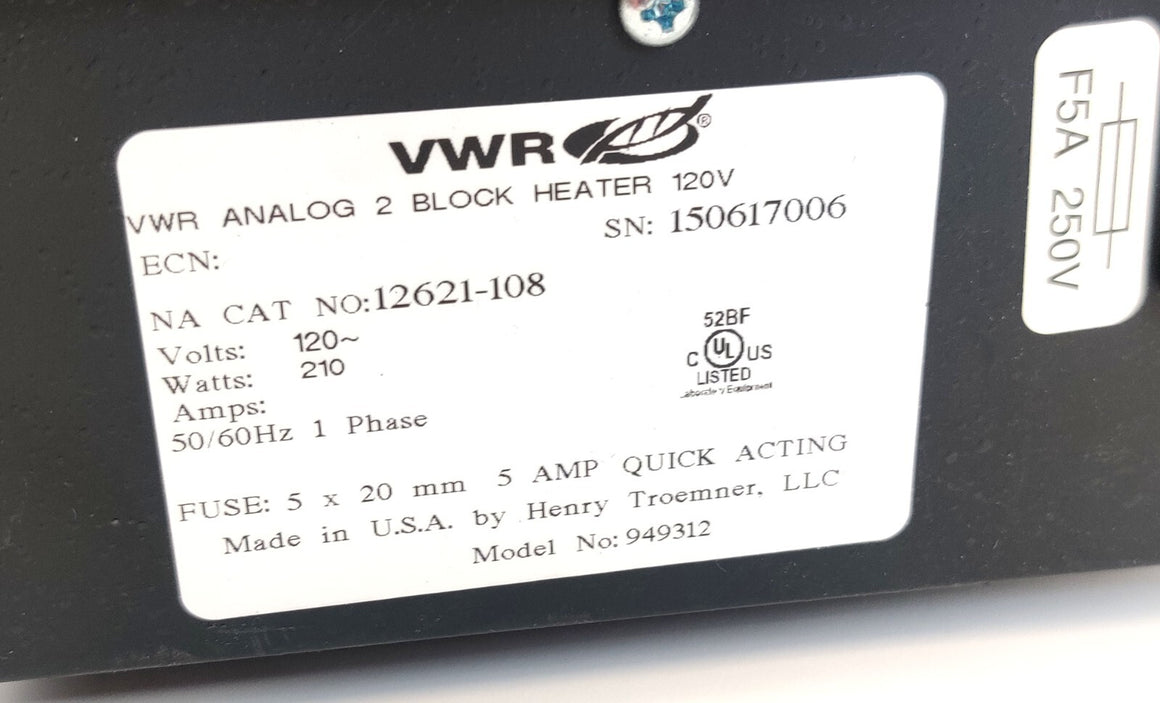 VWR Analog 2 Block Heater 120V 12621-108 5A-250V w Two Block - 