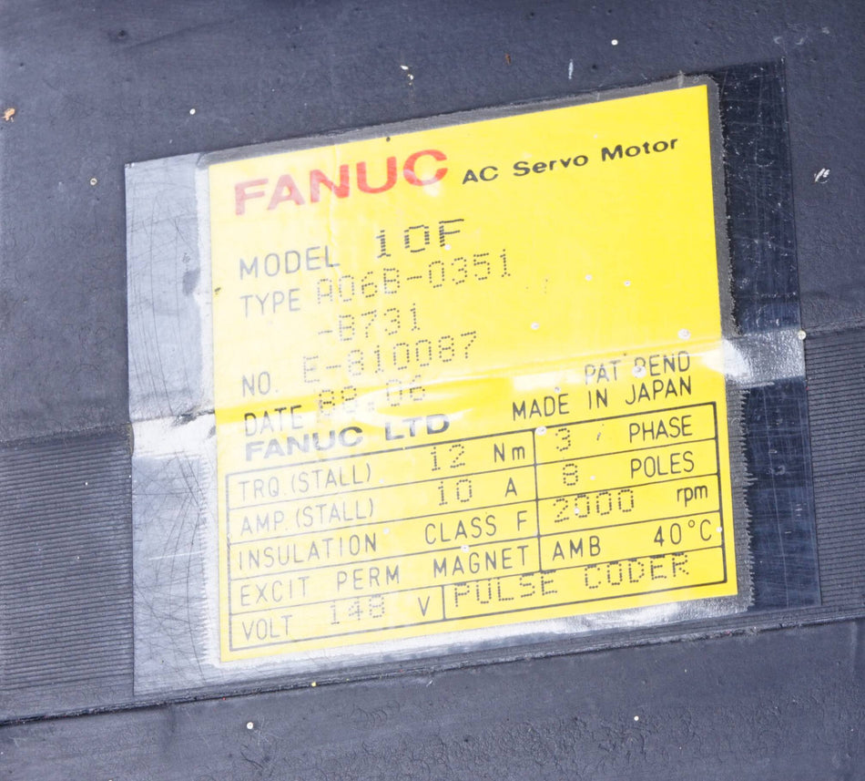 Fanuc 3Ph ACE Servo Motor 10F/2000 10A, 148V, 2000 Rpm A06B-0351-B731 E-810087