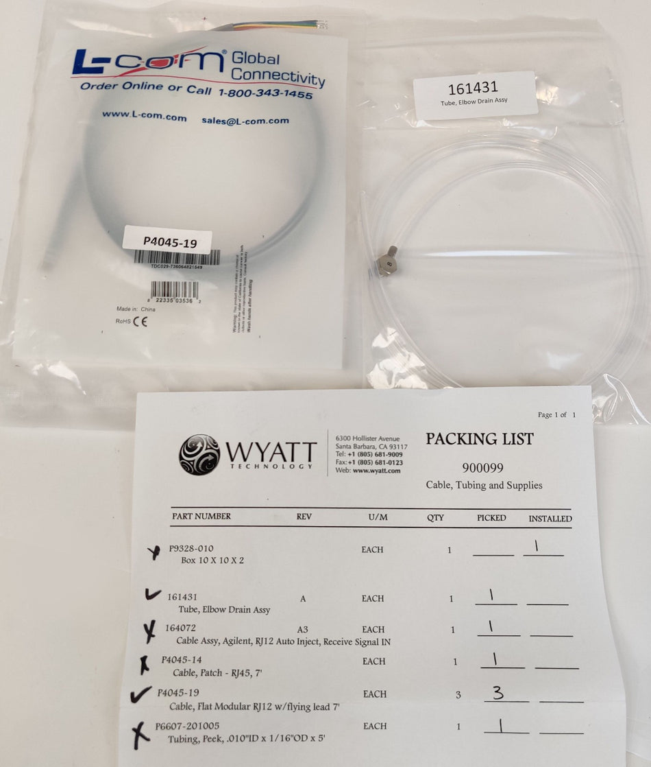 Wyatt P4045-19 Cable Flat Modular RJ12 w 161431 Tube Elbow Assy Waters HPLC NEW