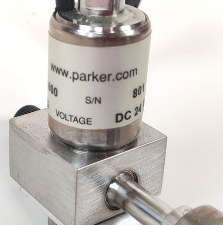 PerkinElmer SQ8 Gas Vial & Knurled Fitting w Parker VAC-100 24VDC Solenoid Valve