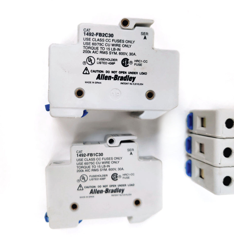 Lot of 5 Allen Bradley Fuse Holders 1492-FB2C30 2 Pole & 1492-FB1C30 1 Pole SerA