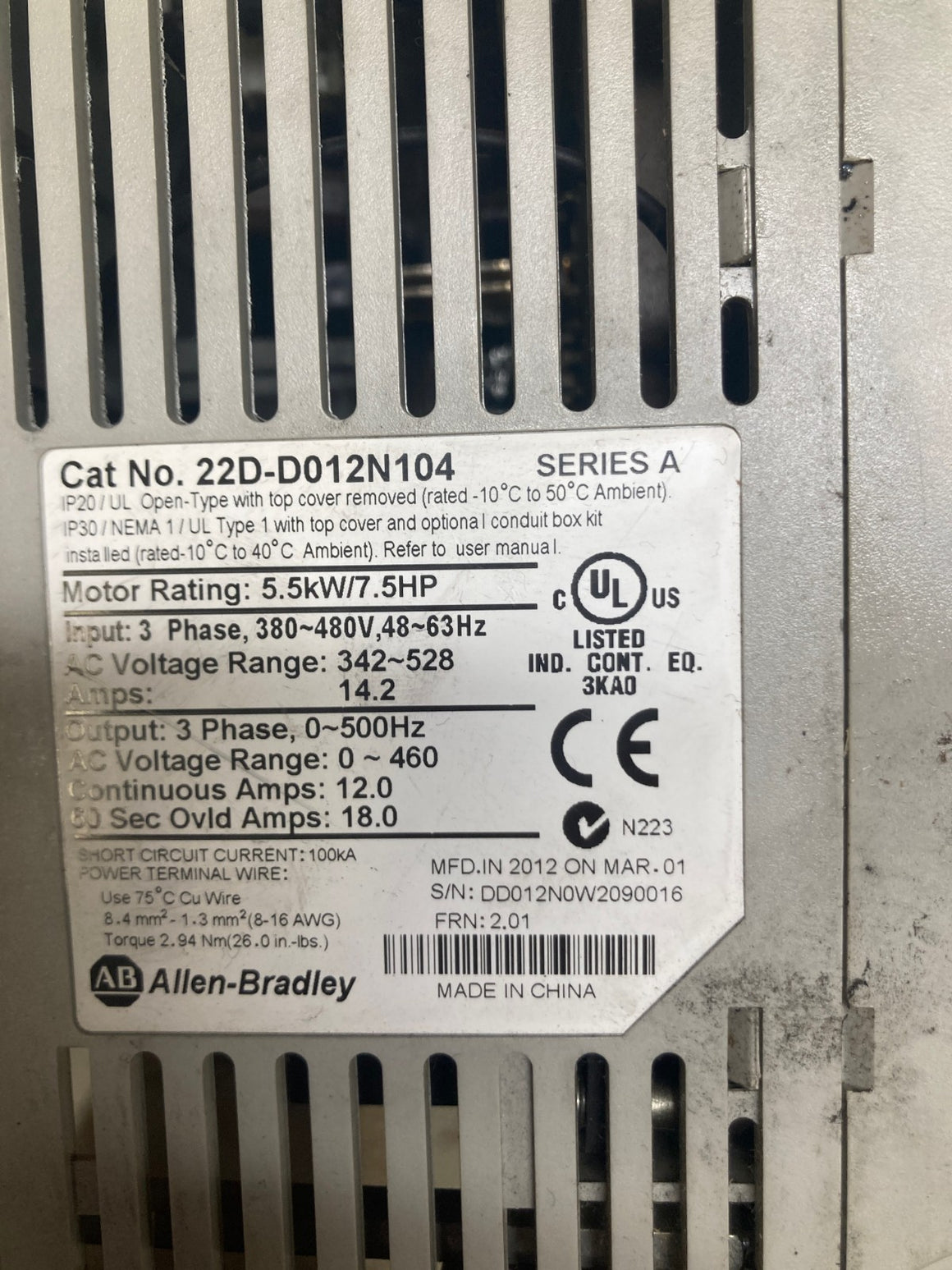 Allen Bradley 7.5 HP AC Drive PowerFlex 40P 380-480VAC 22D-D012N104 ser A Tested