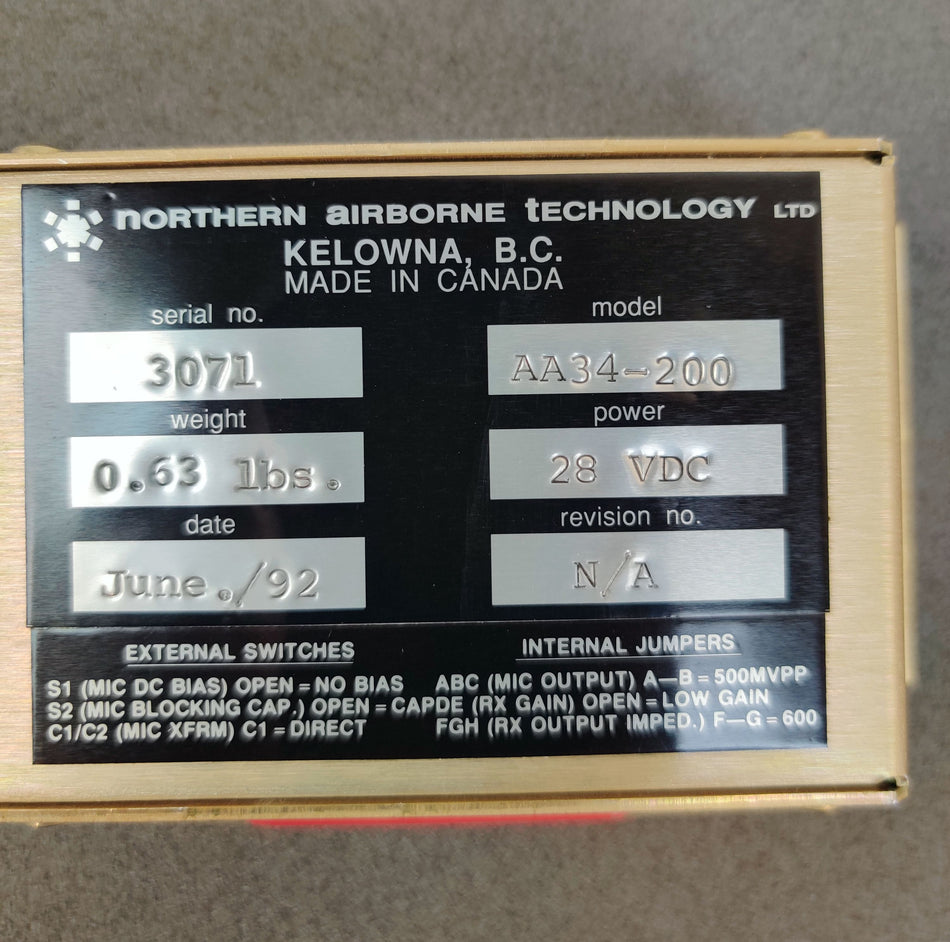 Northern Airborne Technology AA34-200 Universal Radio Interface w Certificate
