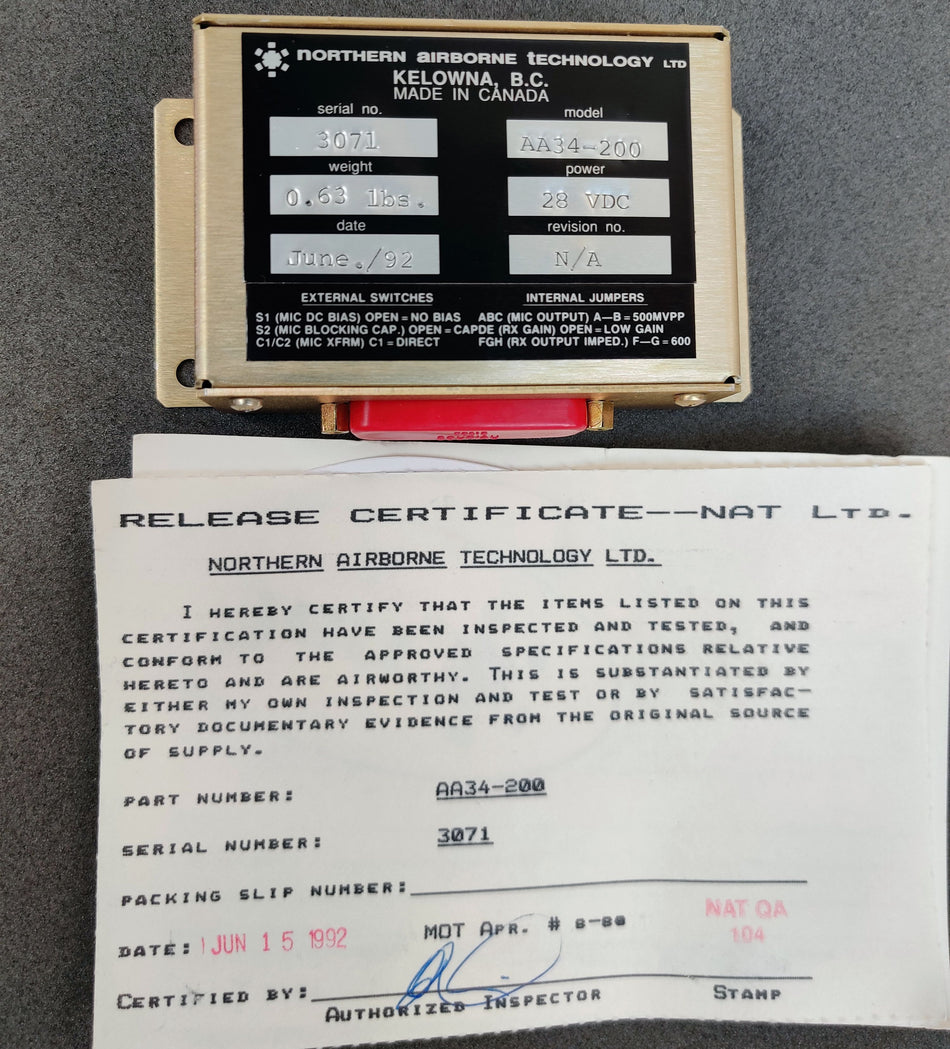 Northern Airborne Technology AA34-200 Universal Radio Interface w Certificate
