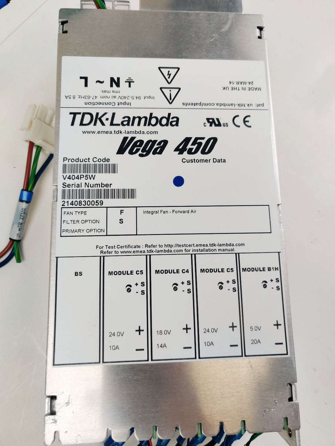 TDK-Lambda Vega 450 V404P5W Power Supply 450W 18V/14A 24V/10A 5V/20A Tested - 