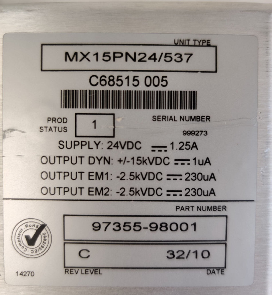 Spellman MX15PN24/537 15kV Power Supply LTQ TSQ Velos Pro Thermo 97355-98001