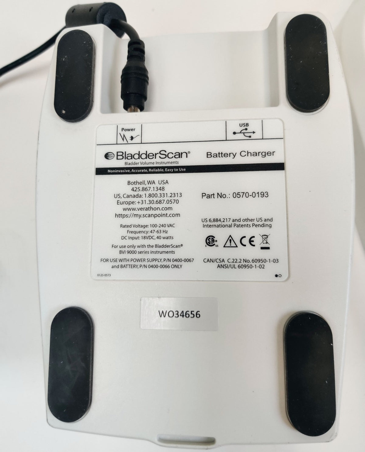 Verathon BVI 9400 Bladder Scanner w 0570-0351 Probe, Charger, Battery, Stand - 