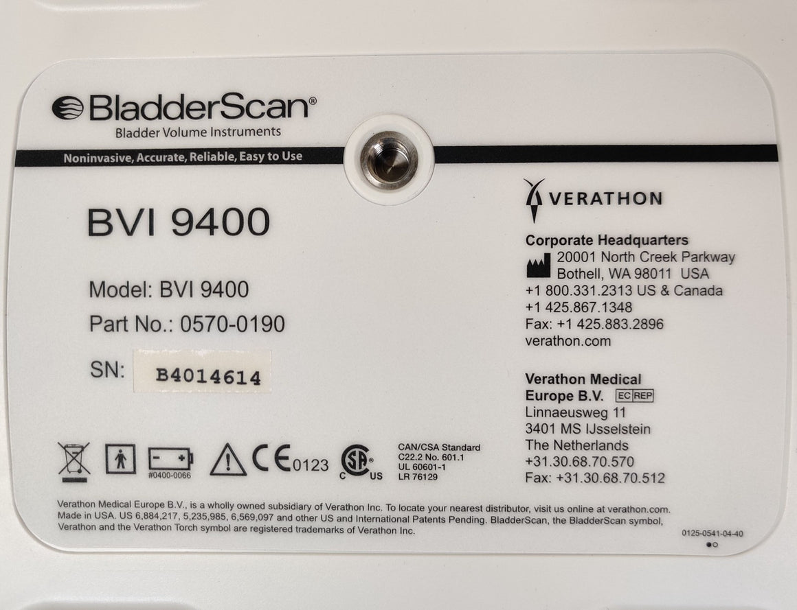 Verathon BVI 9400 Bladder Scanner w 0570-0351 Probe, Charger, Battery, Stand - 