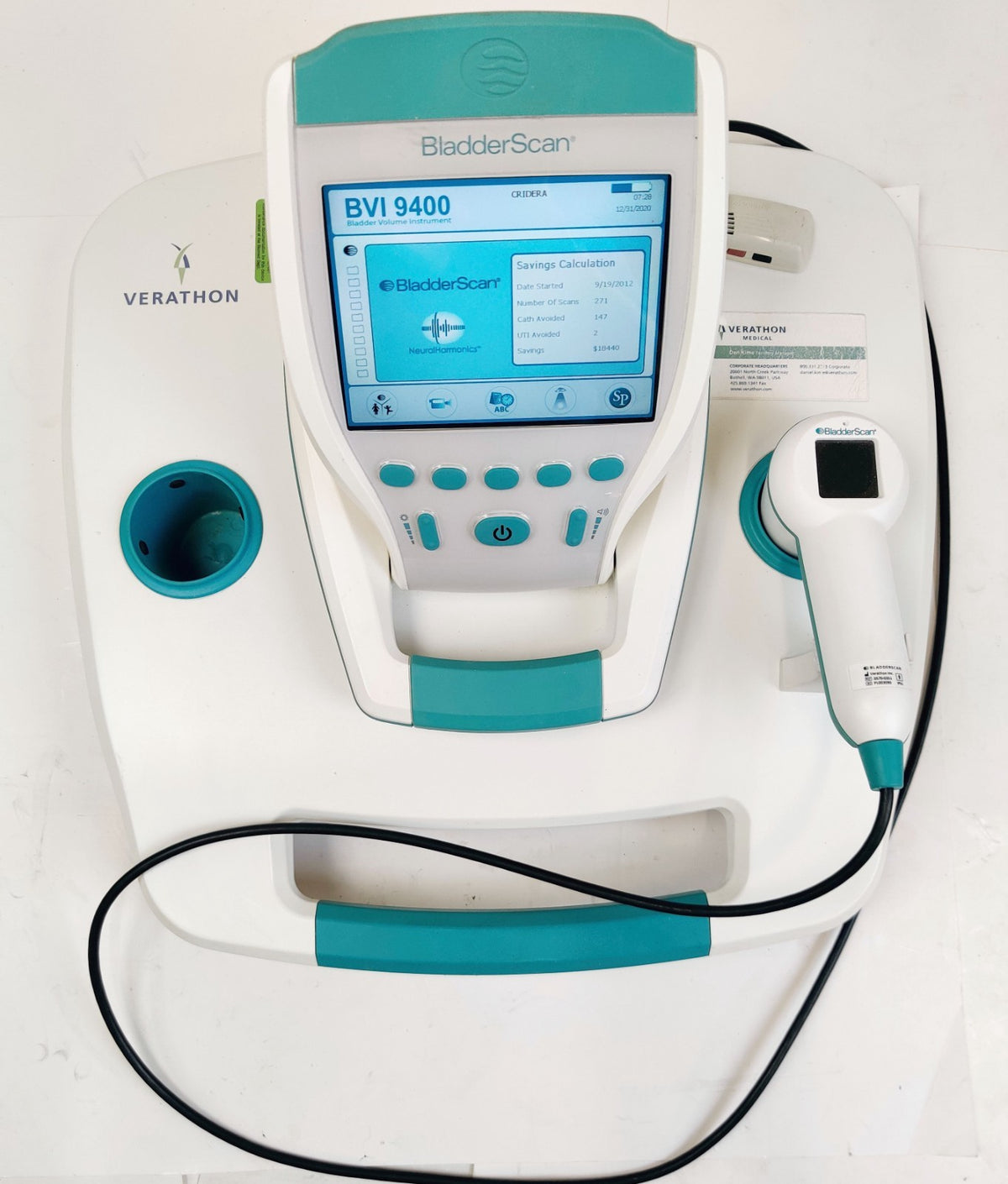 Verathon BVI 9400 Bladder Scanner w 0570-0351 Probe, Charger, Battery, Stand - 