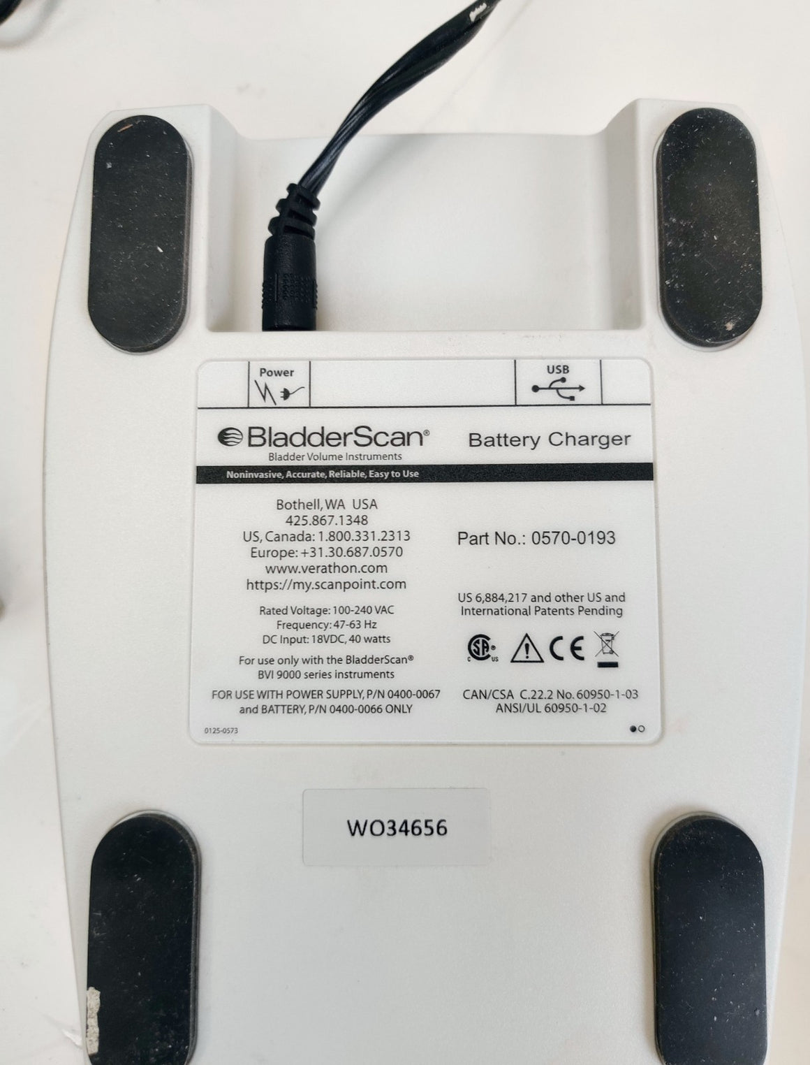 Verathon BVI 9400 Bladder Scanner w 0570-0351 Probe Charger Two Batteries Stand - 