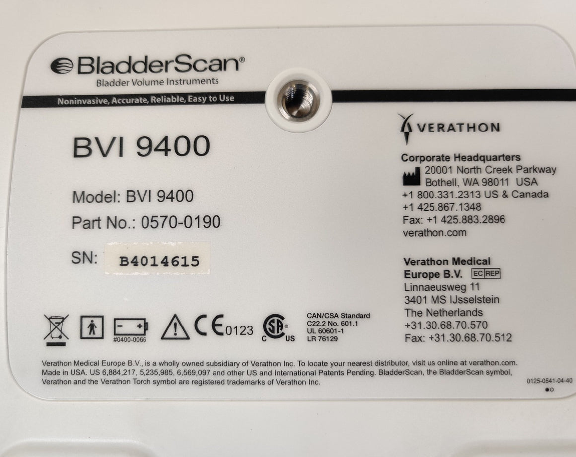 Verathon BVI 9400 Bladder Scanner w 0570-0351 Probe Charger Two Batteries Stand - 
