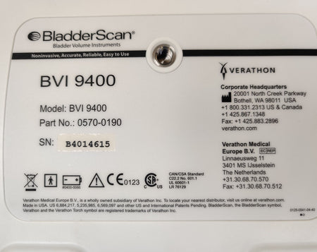 Verathon BVI 9400 Bladder Scanner w 0570-0351 Probe Charger Two Batteries Stand - 