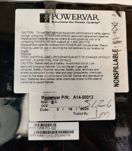 Powervar A14-00012 Battery Replacement 48V 6.0AH for the ABCE1442-12R UPS - 