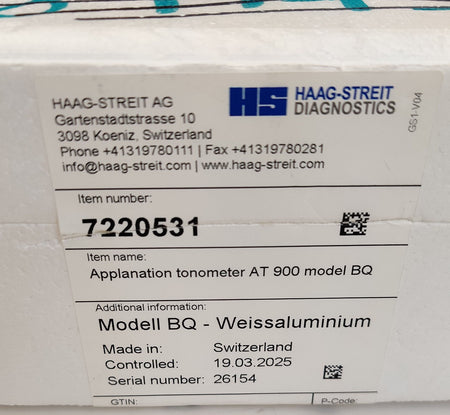 Haag Streit AT 900 Tonometer BQ for BX 900 BQ 900 BP 900 & Marco Slit Lamp - 