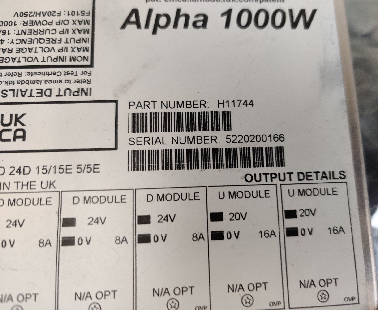 Modular AC-DC Power Supply Lambda H11744 CA1000