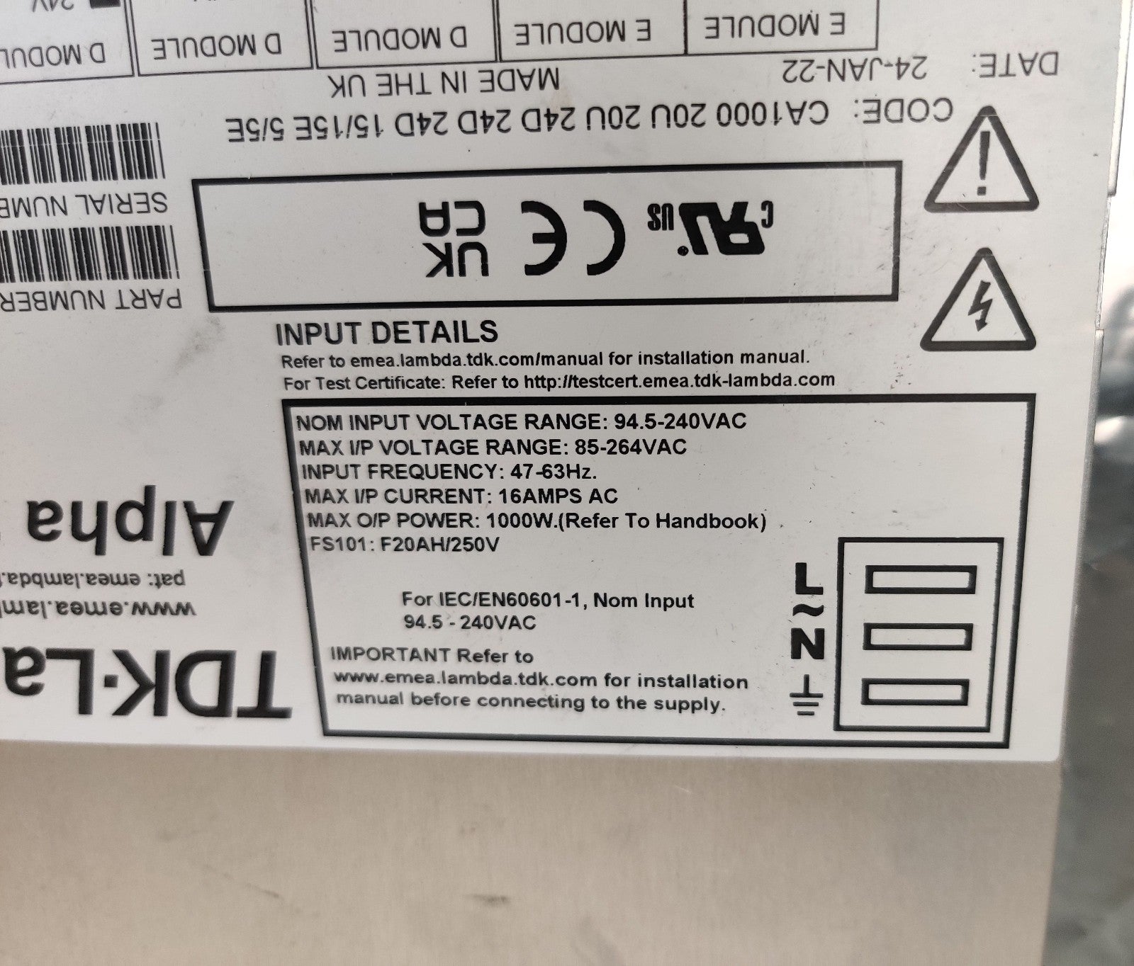 Modular AC-DC Power Supply Lambda H11744 CA1000