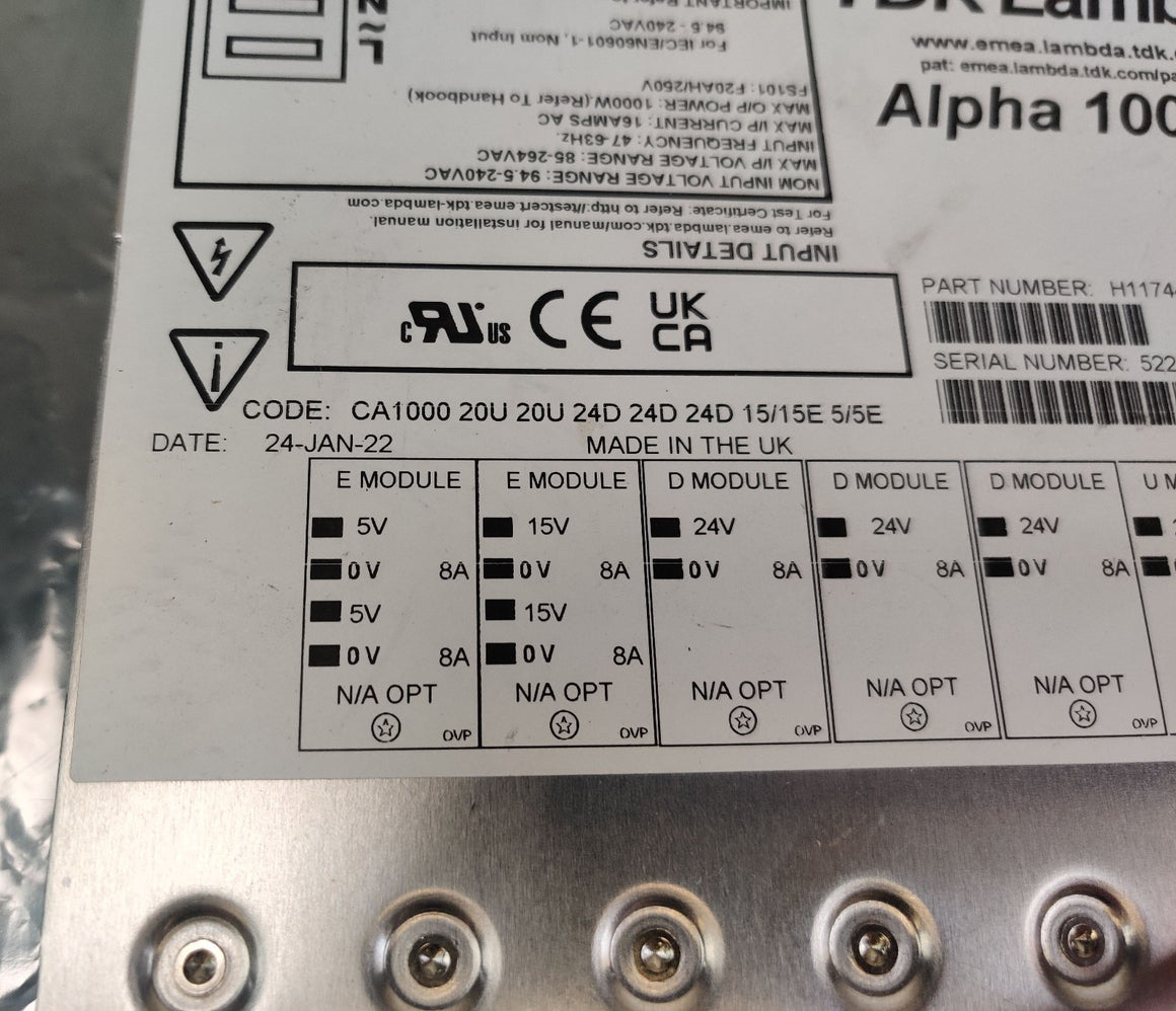TDK Lambda H11744 Alpha 1000W Power Supply 85-624V 16A CA1000 Thermo Surveyor