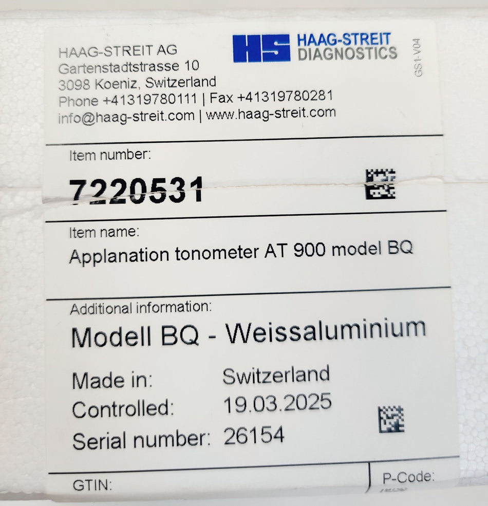 Haag-Streit Haag Streit AT 900 眼圧計 BQ用モデル（BQ 900、BP 900スリットランプ用）