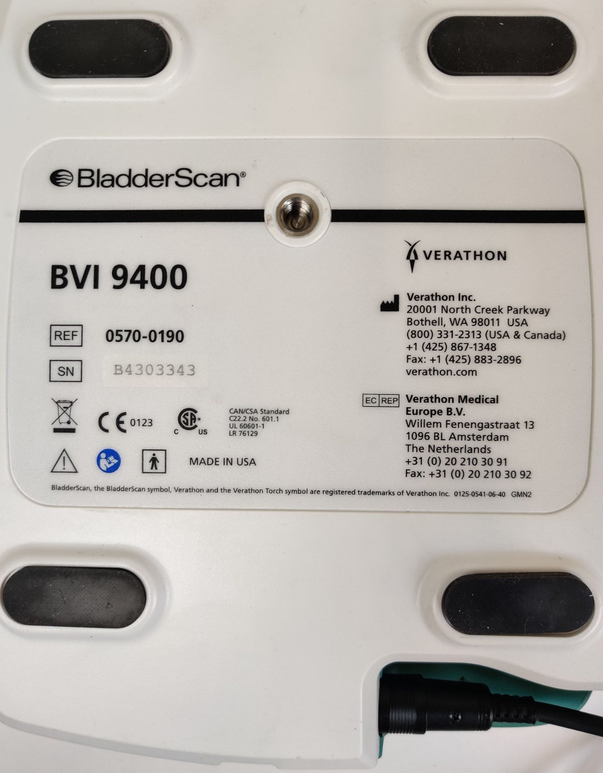 Verathon BVI 9400 Bladder Scanner 0570-0190 w 0570-0351 Probe and Power Supply - 