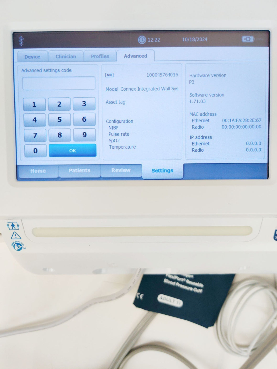 Welch Allyn Connex Integrated Wall System 85NTVX w SpO2, Probe, Battery, Cuff