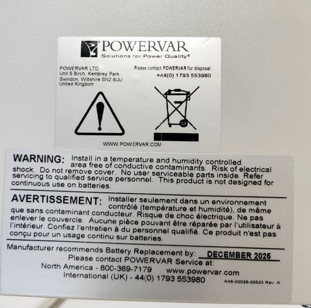 Ametek Powervar 800VA Uninterrupted Power Supply 720W UPS ABCE802-22 - 
